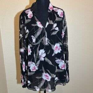 White House Black Market Floral Black Pink Lace Bell Long Sleeves